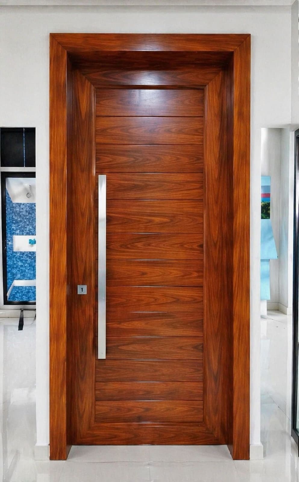 Porta de alumínio com padrão amadeirado e puxador inox
